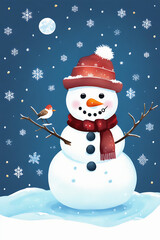 An adorable cute fluffy snowman character warmed up in winter clothes standing in nice hat and scarf with red nose ready to celebrate christmas created with generative ai
