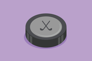 Character flat drawing closeup of ice hockey puck. Ice hockey American season competition and national tournament concept. Black ice hockey puck logo, label, symbol. Cartoon design vector illustration - obrazy, fototapety, plakaty