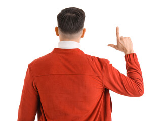 Handsome man showing loser gesture on white background, back view