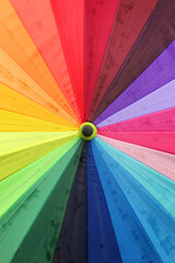 Close up Background of Rainbow Stripes of Colorful Umbrella Wet with Rain.