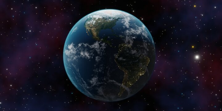 World planet satellite, Stars, nebula and galaxy 3d render. Concept of climate change, dark night, cities lights, sunrise. Beautiful 3d earth planet. Sunrise from outer space © Oleg