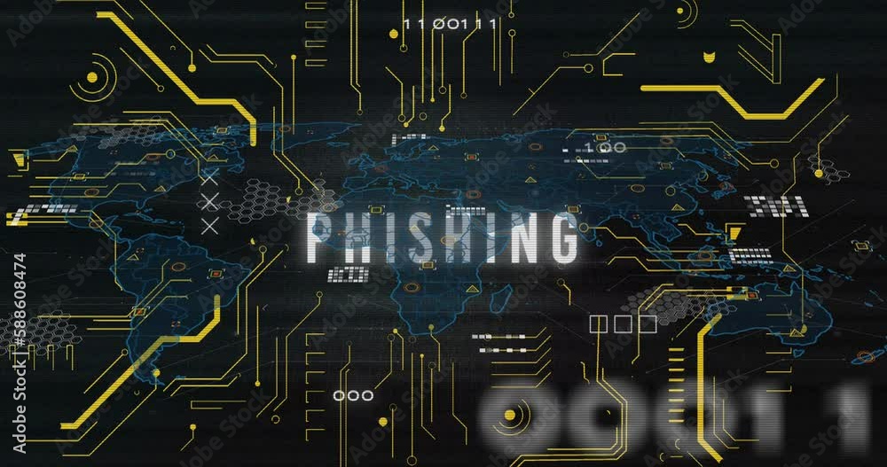 Poster animation of circuit board pattern around phishing text over map against black background