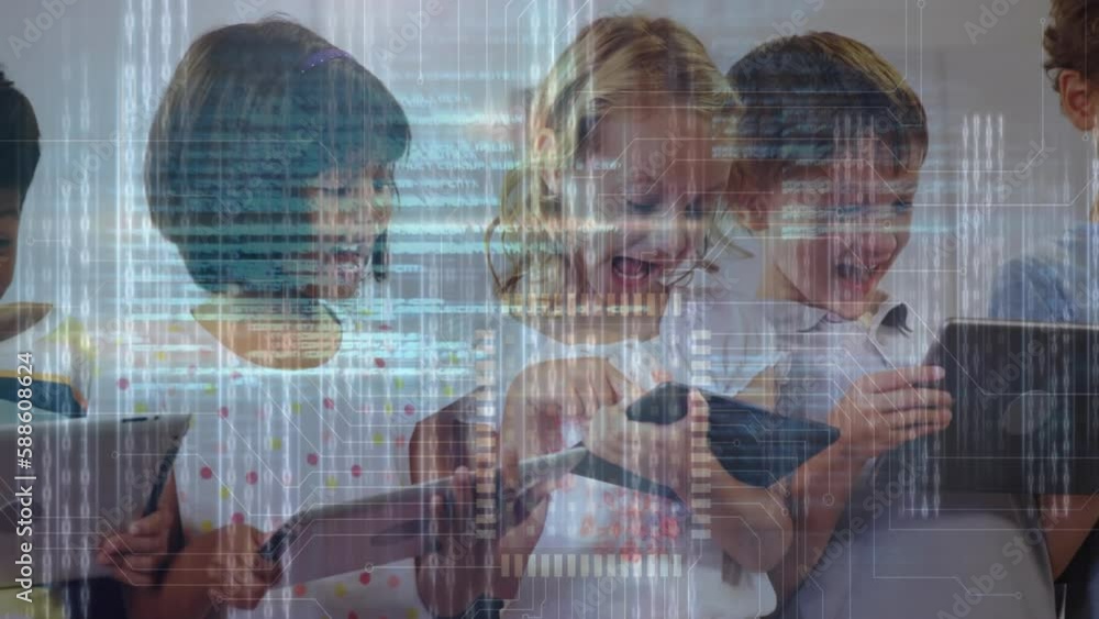 Poster animation of data processing over happy diverse schoolchildren using tablets