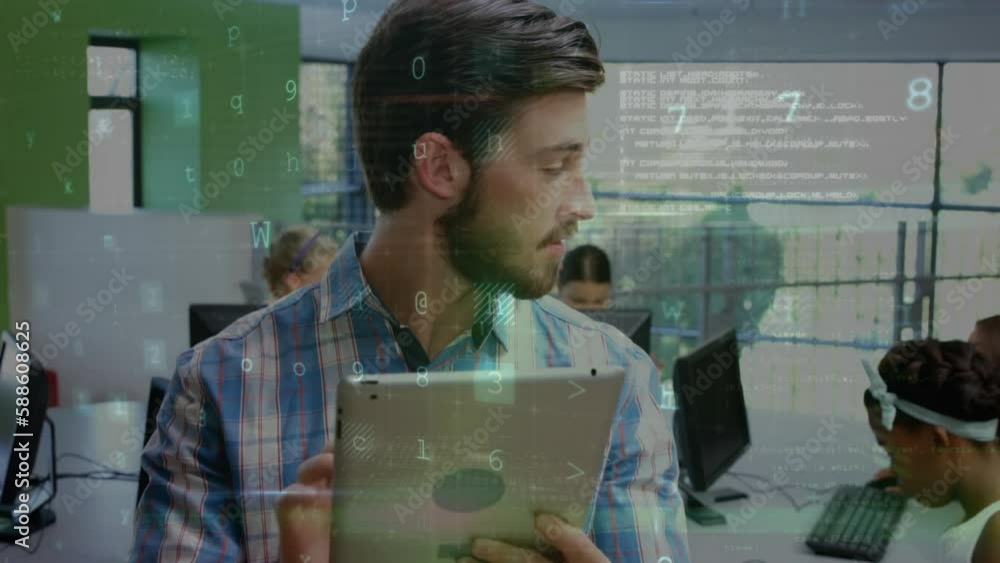 Poster animation of data processing over happy diverse male teacher with students using technology