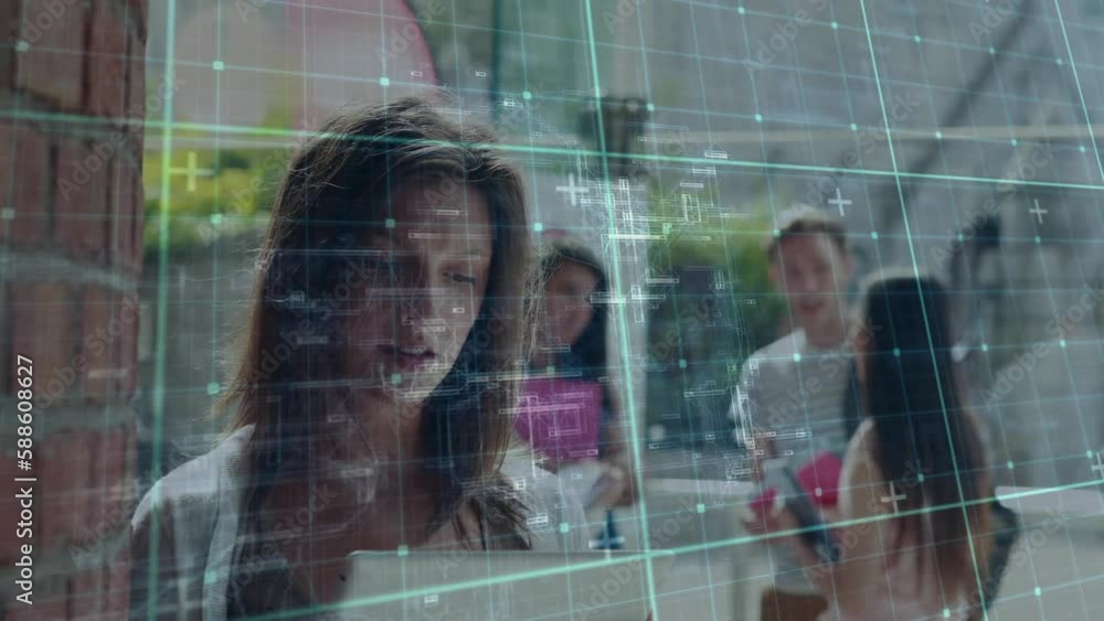Poster animation of squares moving over happy diverse students using tablet and talking