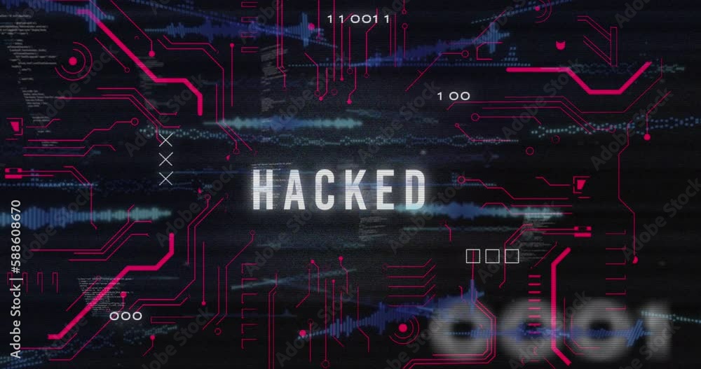 Poster animation of hacked text, circuit board pattern over soundwaves and computer language
