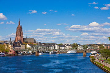 Fototapeta na wymiar Frankfurt panoramic view across River Main bridge to skyscrapers Germany.