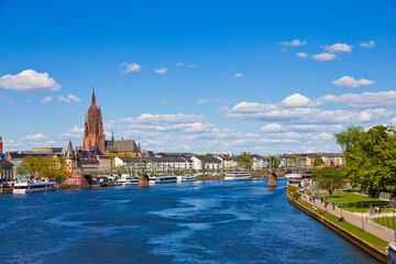 Frankfurt panoramic view across River Main bridge to skyscrapers Germany.