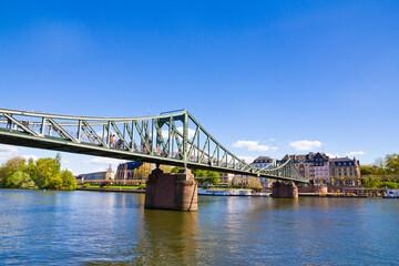 Iron Footbridge (eiserner Steg) crosses river Main in Frankfurt city, Gernamy.