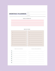 Monthly Planner. Minimalist planner template set. Vector illustration.
