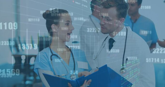 Animation of trading boards, graphs, numbers, diverse doctor discussing patient reports in hospital