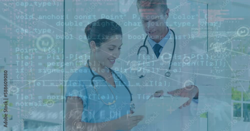 Poster animation of connected icons and computer language over diverse doctors discussing patient reports