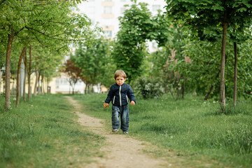 Obraz premium Little boy running in the park. Child having fun and enjoy a weather. All kids love play with stick. Happy childhood. A little child boy outside looking far. A young boy walking on a sunny summer day.