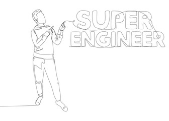 One continuous line of Man pointing with finger at Super Engineer word. Thin Line Illustration vector concept. Contour Drawing Creative ideas.