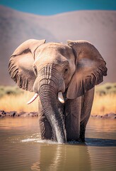 Fototapeta na wymiar Elephant cooling off in a lake on a hot day, generative ai