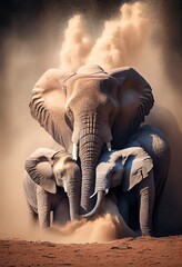 Fototapeta na wymiar Elephant family taking a dust bath together, generative ai