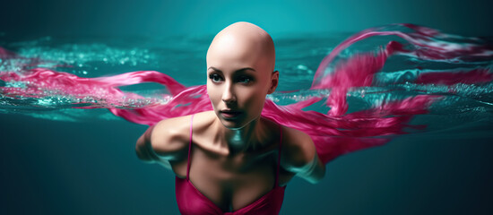 Obraz na płótnie Canvas Breast Cancer Generative AI Bald Woman Survivor or Fighter Swimming Pink Ribbons