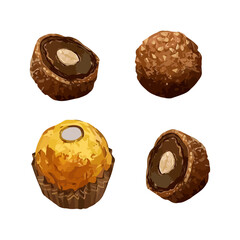 Chocolate candy ball shape with filling and nuts, isolated on white background. Hand drawn watercolor vector illustration