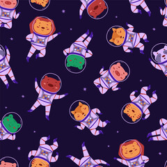 Cosmic seamless pattern with cute animals astronauts. Wild animals in outer space. Vector illustration in a flat style. International Day of Human Space Flight and Cosmonautics Day. Pattern for