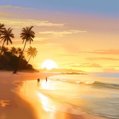 A digital painting of a tropical beach at sunset, with a clear blue sky and a warm, golden sun. The sand is white and soft, and the waves are gently lapping at the shore. There are palm trees swaying 