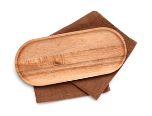 Wooden board with napkin isolated on white background
