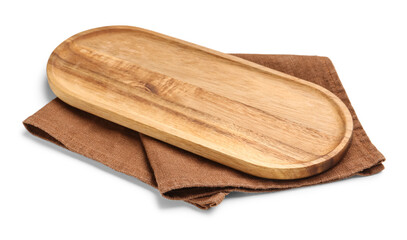 Wooden board with napkin isolated on white background