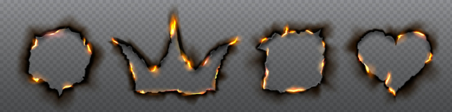 Burn edge paper hole corner vector effect set on transparent background. Isolated realistic fire and ash texture heart, crown border for burnt page. Scorched flammable template illustration for mockup