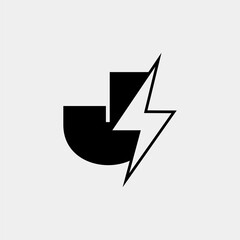 J Letter Logo With Lightning Thunder Bolt Vector Design. Electric Bolt Letter J Logo Vector Illustration.