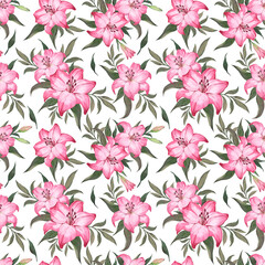Watercolor illustration with pink lily flowers, botanical seamless pattern