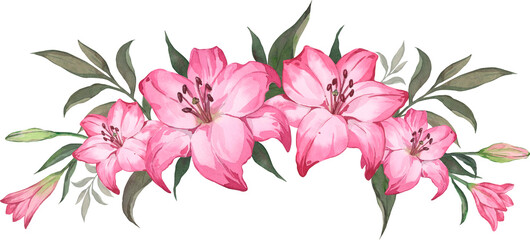 Watercolor illustration of pink lily flowers. Perfect for a greeting card or invitation