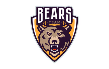 Sports logo with bear mascot. Colorful sport emblem with bear, grizzly mascot and bold font on shield background. Logo for esport team, athletic club, college team. Isolated vector illustration