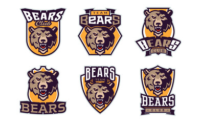 Set of sports logos with bear mascots. Colorful collection sports emblem with bear mascot and bold font on shield background. Logo for esport team, athletic club. Isolated vector illustration
