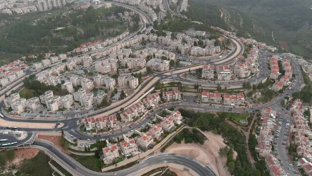 Gilo settlement neighborhood Aerial view, jerusalem, Israel

Israeli settlement in south-western East Jerusalem, Drone view, Israel 2023 
