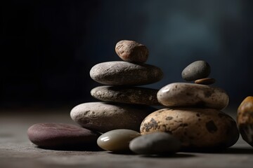 Close-up of a stack of smooth stones with unique shapes and sizes. Generative AI