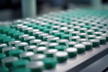 Fototapeta na wymiar Pharmacology, medicine and healthcare concept. Close-up of the production of medicine capsules on the assembly line of the factory, selective focus. Generative AI