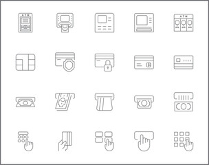Simple Set of atm Related Vector Line Icons. Vector collection of money, credit card, banking, loan, finance, credit, deposit, income, payment and design elements symbols or logo element.