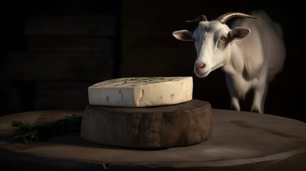 White goat and a piece of goat cheese