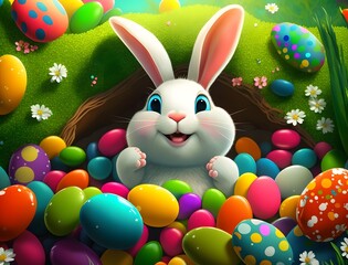 Cute Bunny with the colorful eggs in easter day