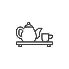 Tea pot and cup on a wood board line icon