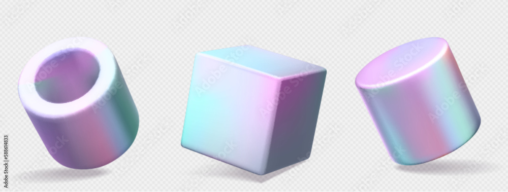 Poster realistic 3d set of iridescent geometric figures isolated on transparent background. vector illustra