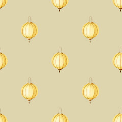 Yellow traditional Chinese paper lanterns. Watercolor seamless pattern. Chinese New Year. Asian background with holiday symbols.