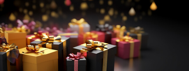 Christmas gift boxes with dark and bokeh background, generative ai, digital illustration.