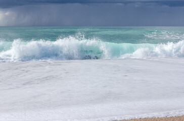 Big storm waves of Mediterranean sea on Alanya beach Turkey coast