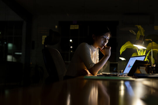 Asian businesswoman sitting at desk, using laptop and working late at office