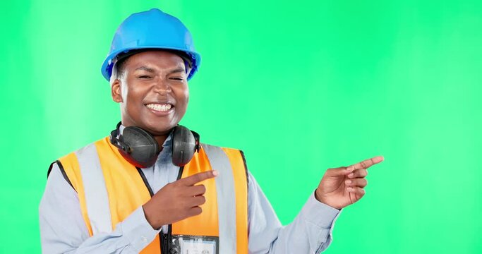 Construction worker, black man with smile, pointing and green screen, marketing and product placement. Mockup, branding and happy male in portrait with contractor business advertising and logo promo