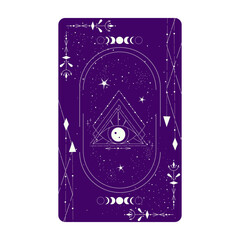 Tarot card with mystic eye pyramid and celestial border. Boho esoteric tarot card with eye and frame. Vector illustration. Sacred geometry celestial triangle