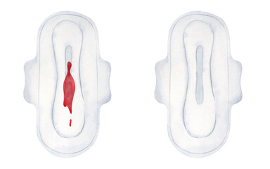 White clean and dirty, bloodstained sanitary pads. Women's personal hygiene product. White hygienic pad. Watercolor illustration. Isolated.