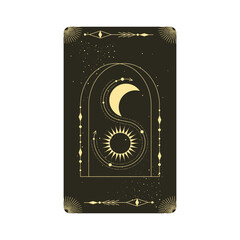 Tarot card with mystic celestial frame. Boho esoteric tarot card with moon and frame. Vector illustration. Sacred geometry celestial arch