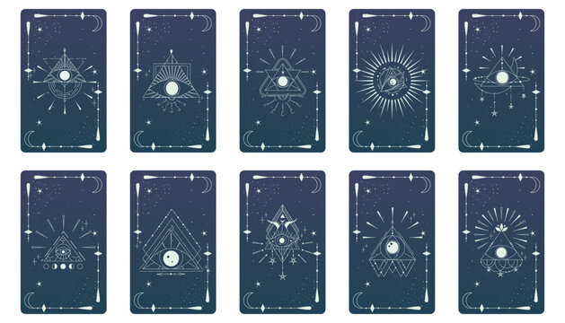 Tarot card set with mystic eye pyramid and celestial border. Boho esoteric tarot card with eye and frame. Vector illustration. Sacred geometry celestial triangle