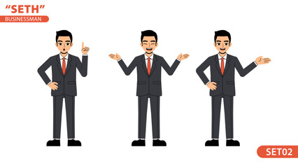 Seth Business Man Talking Speech Moderator Point Hand Pose Standing Character Design Set